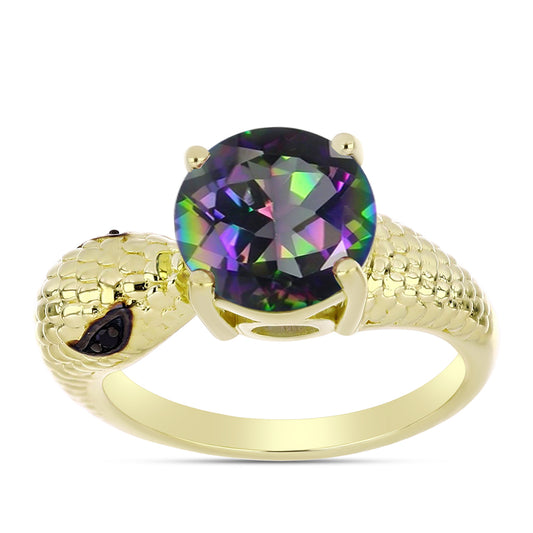 Anillo de Plata Bañada en Oro con Cuarzo Hematita verde místico y Espinela Negra