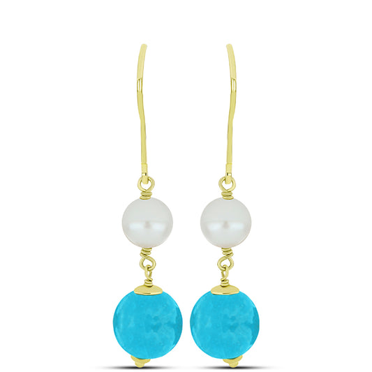 Pendientes de Plata Bañada en Oro con Jade Azul y Perla de Agua Dulce