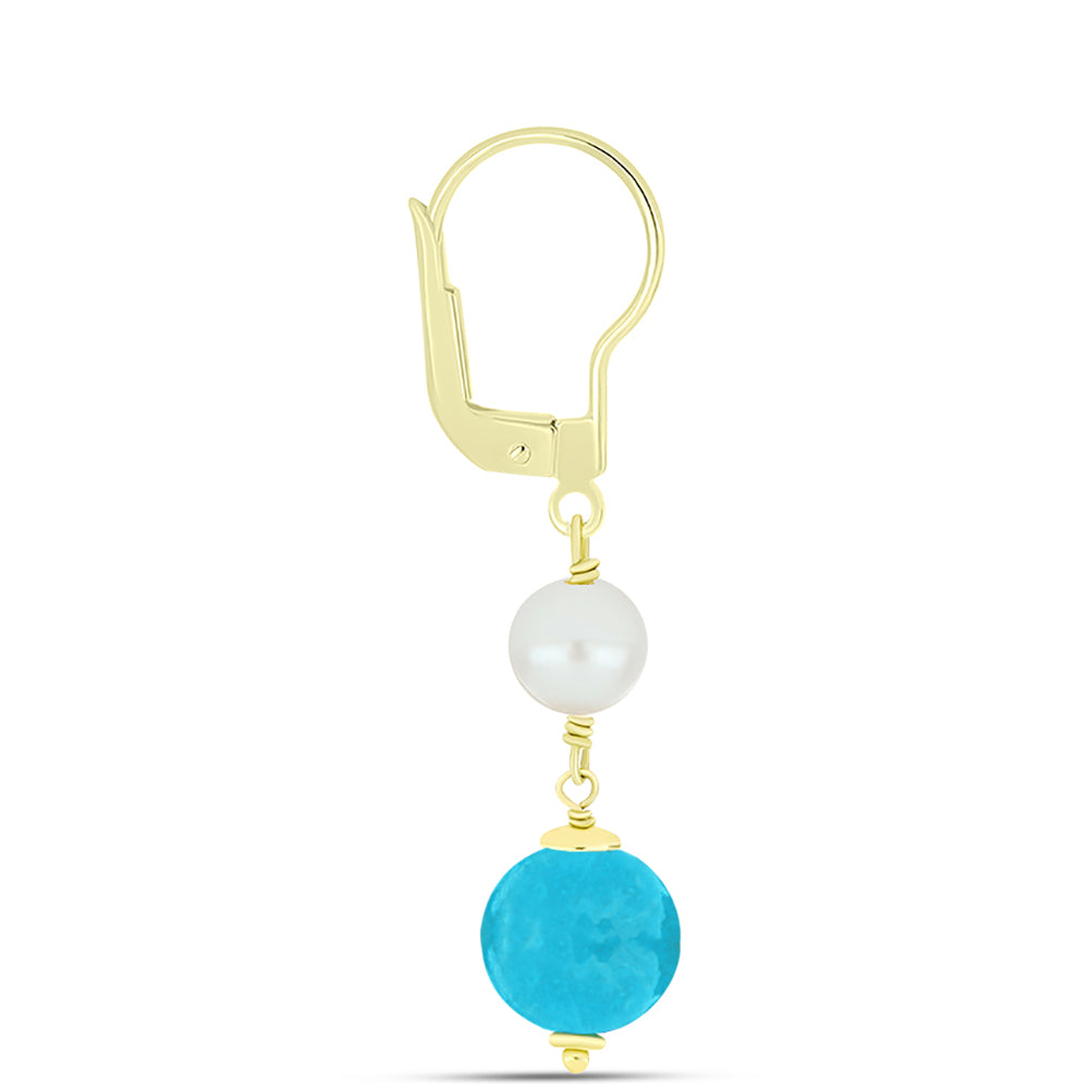 Pendientes de Plata Bañada en Oro con Jade Azul y Perla de Agua Dulce