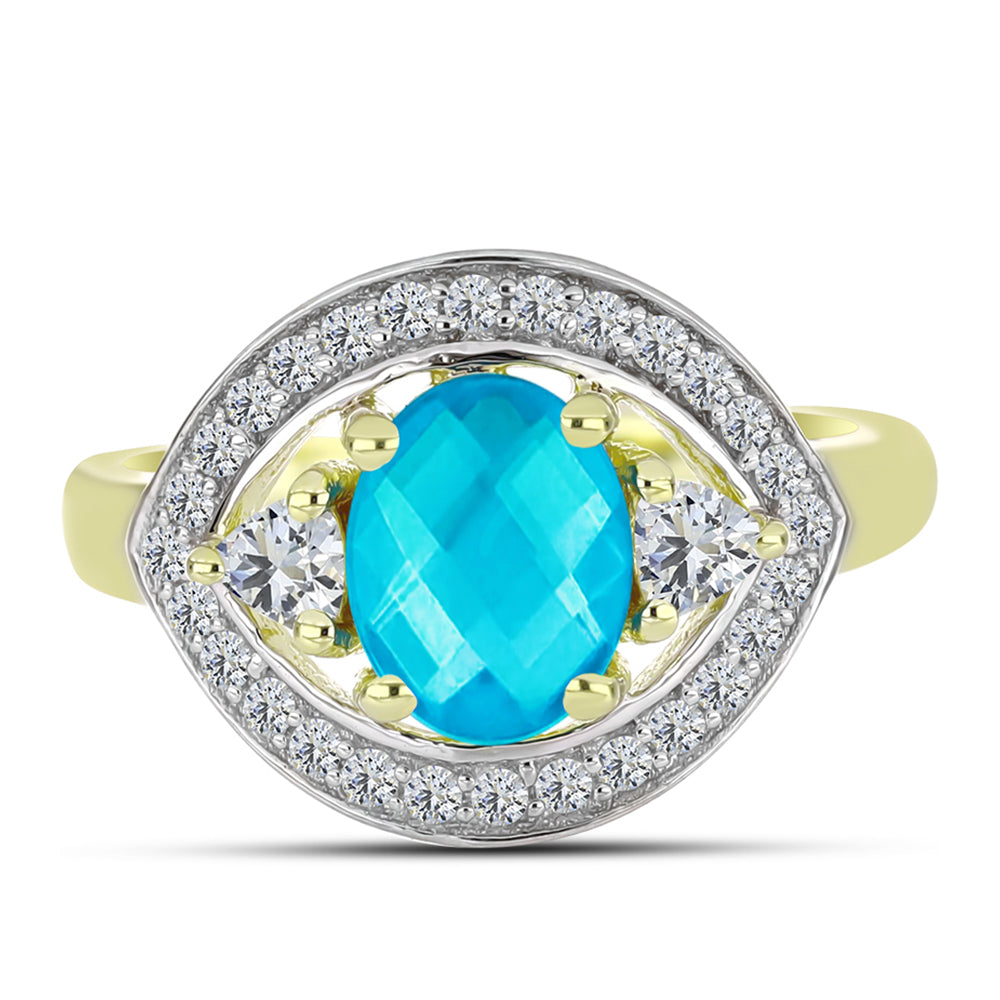 Anillo de Plata Bañada en Oro con Jade Azul y Topacio Blanco 1 