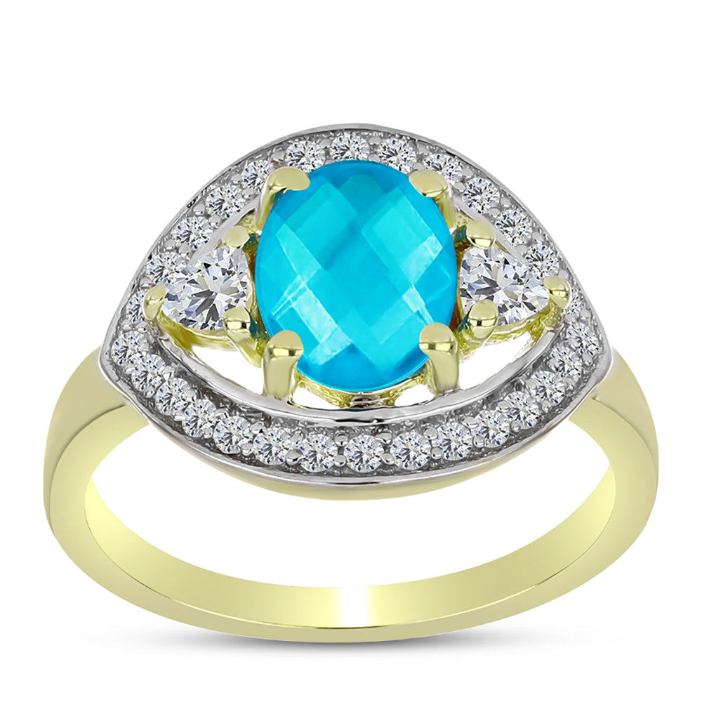 Anillo de Plata Bañada en Oro con Jade Azul y Topacio Blanco