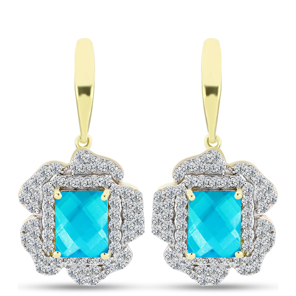 Pendientes de Plata Bañada en Oro con Jade Azul y Topacio Blanco