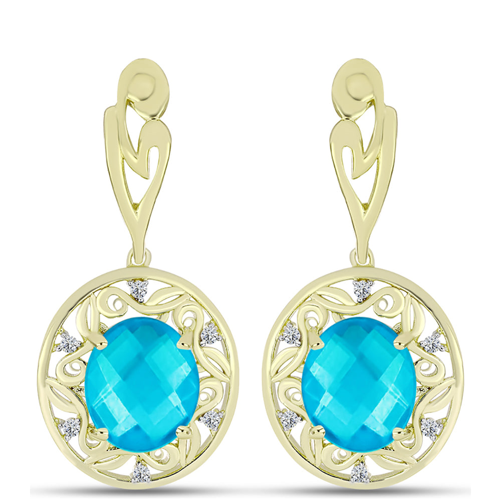 Pendientes de Plata Bañada en Oro con Jade Azul y Topacio Blanco 1 
