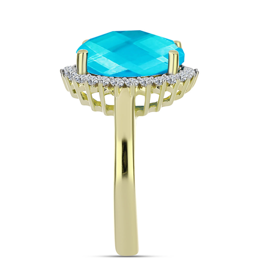Anillo de Plata Bañada en Oro con Jade Azul y Topacio Blanco 4 