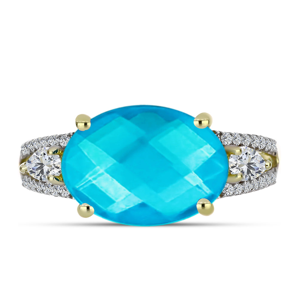 Anillo de Plata Bañada en Oro con Jade Azul y Topacio Blanco