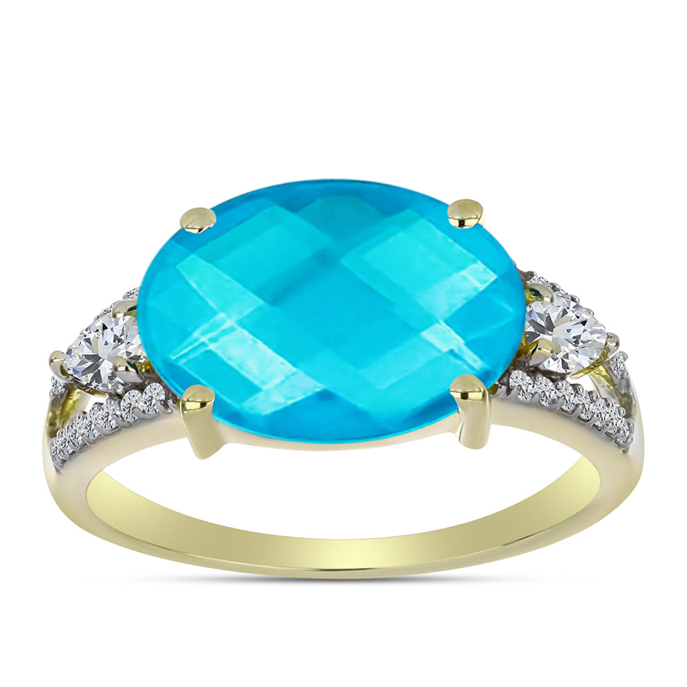 Anillo de Plata Bañada en Oro con Jade Azul y Topacio Blanco