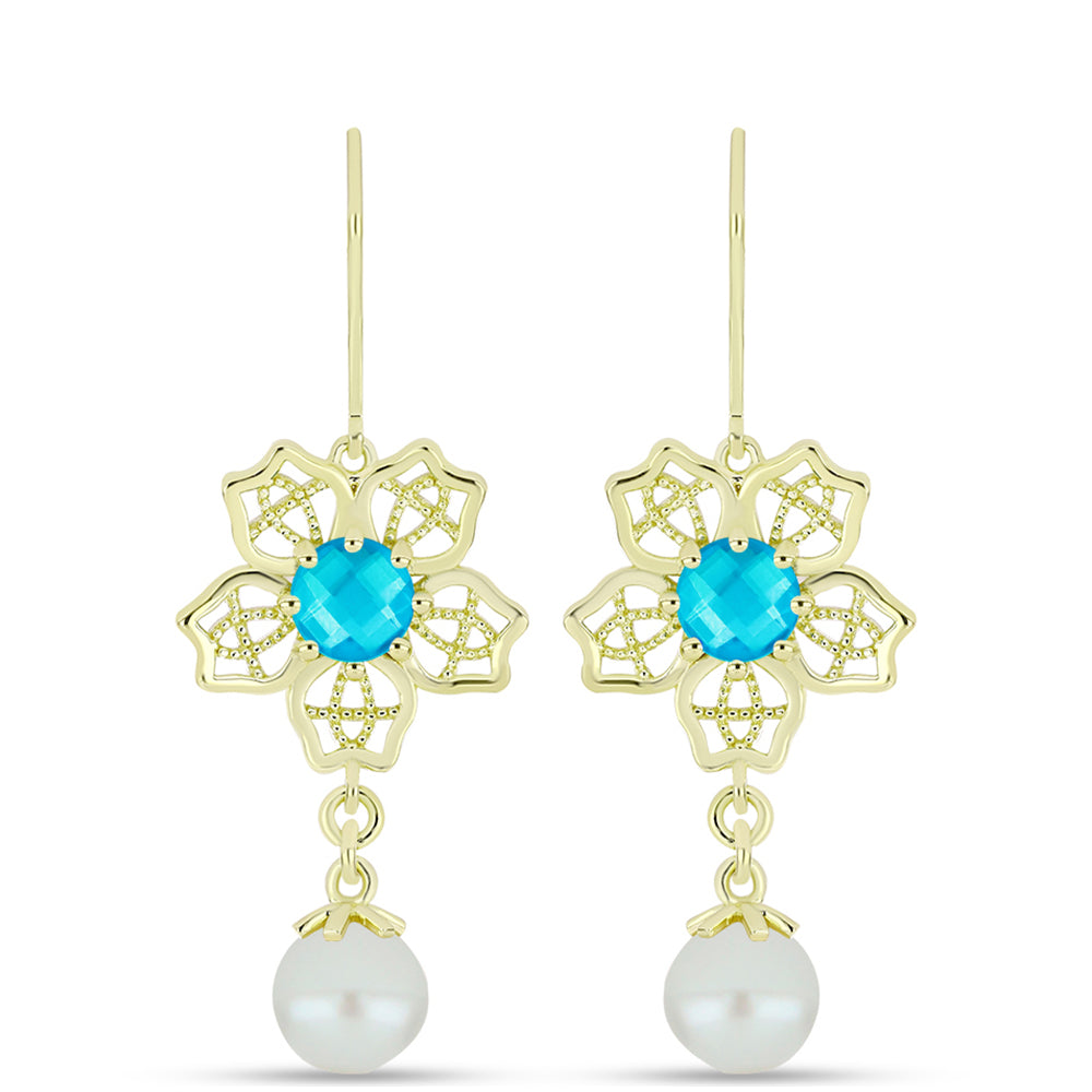 Pendientes de Plata Bañada en Oro con Jade Azul y Perla de Agua Dulce 1 