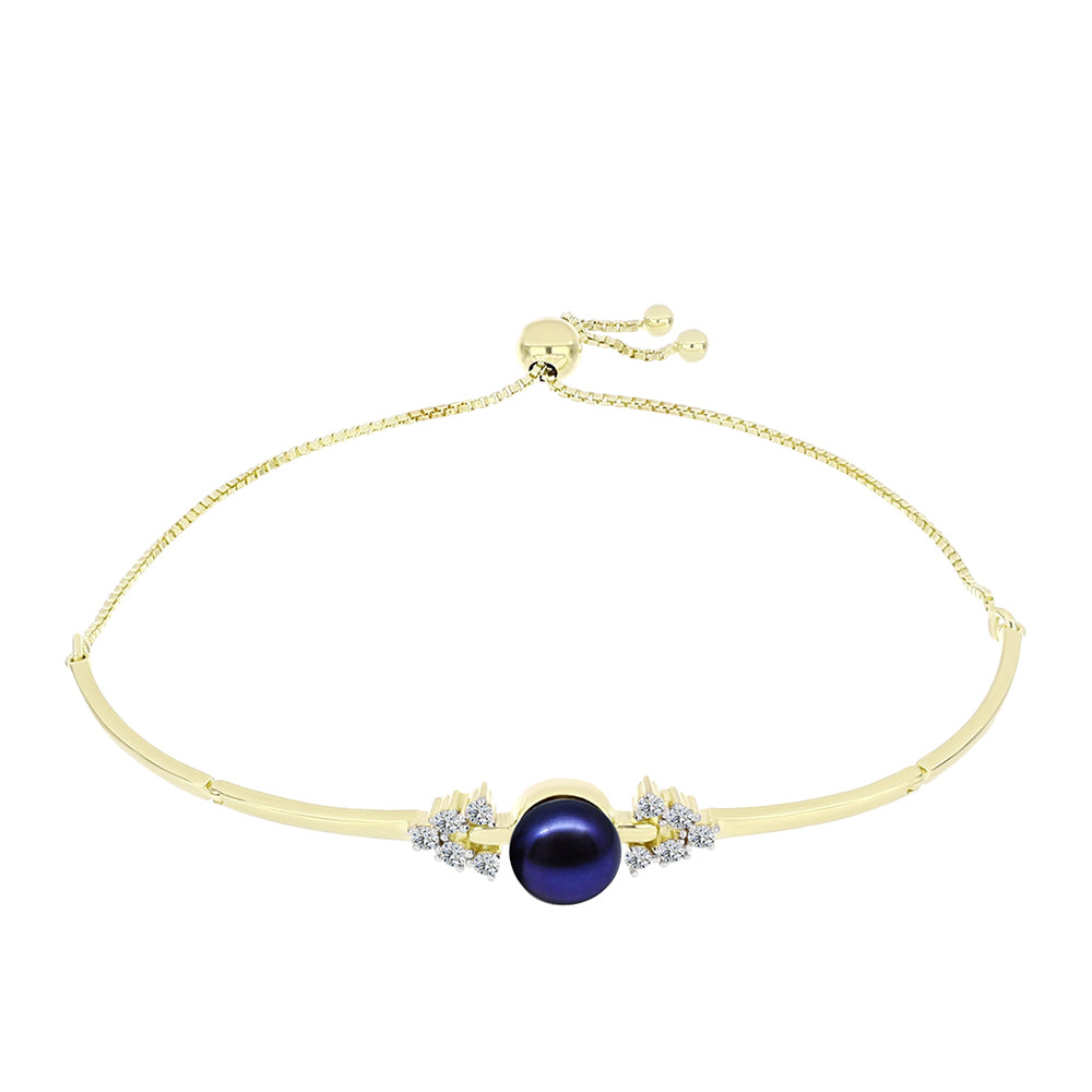 Pulsera de Plata Bañada en Oro con Perla Negra de Agua dulce y Topacio Blanco 1 