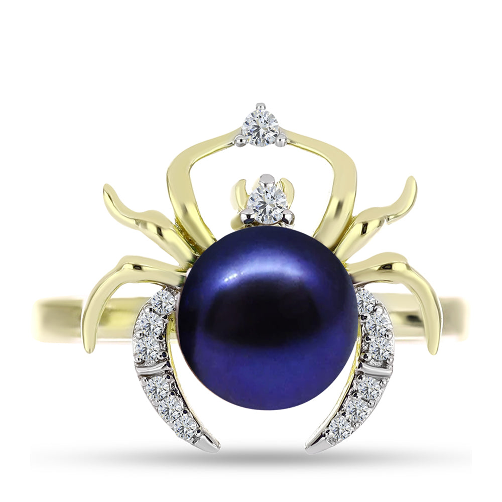 Anillo de Plata Bañada en Oro con Perla Negra de Agua dulce y Topacio Blanco
