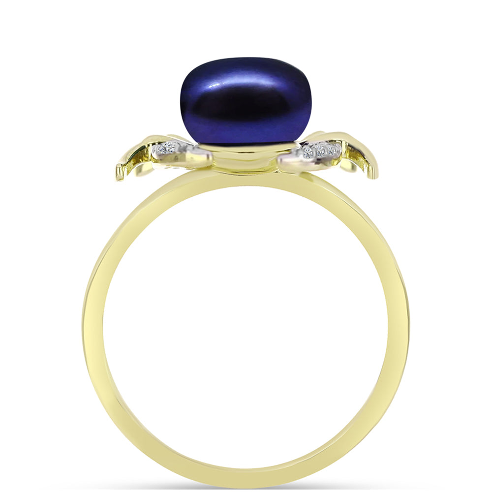 Anillo de Plata Bañada en Oro con Perla Negra de Agua dulce y Topacio Blanco