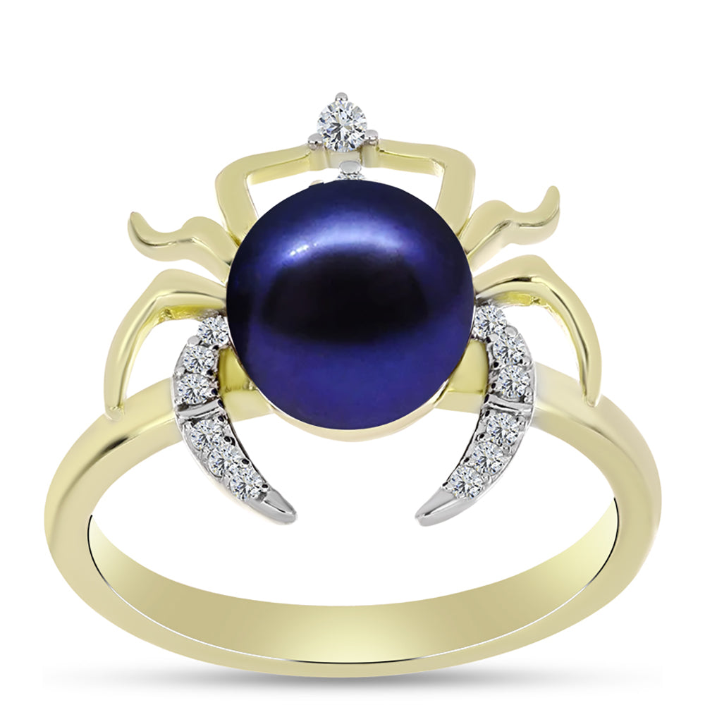 Anillo de Plata Bañada en Oro con Perla Negra de Agua dulce y Topacio Blanco 3 