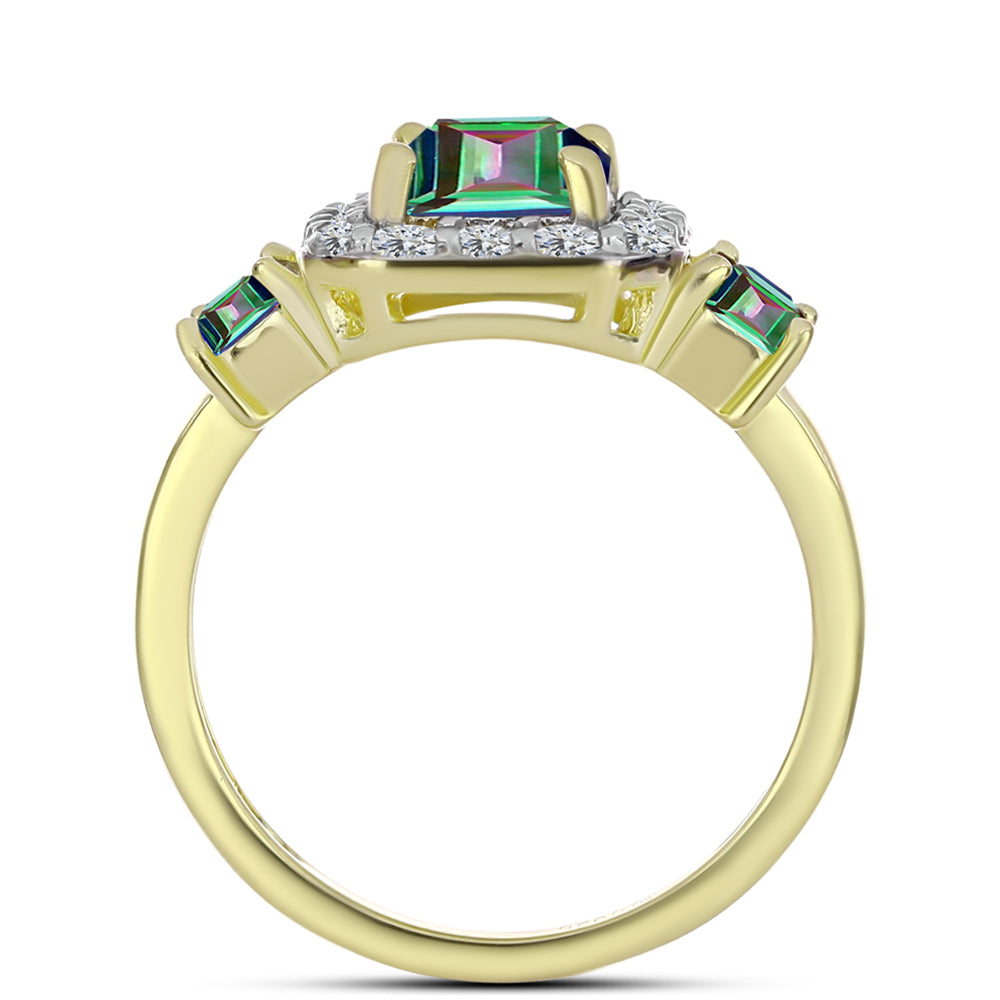 Anillo de Plata Bañada en Oro con Cuarzo Hematita verde místico y Topacio Blanco