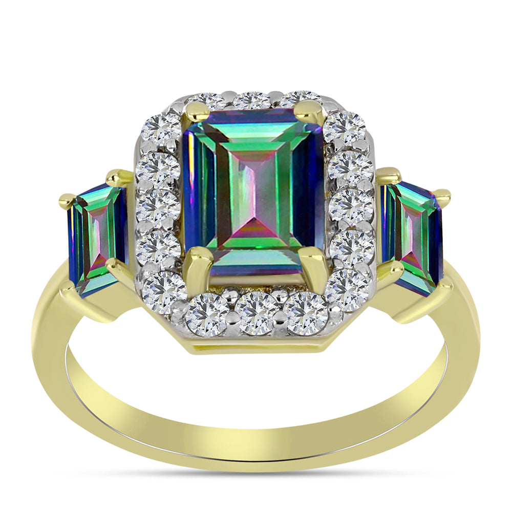 Anillo de Plata Bañada en Oro con Cuarzo Hematita verde místico y Topacio Blanco
