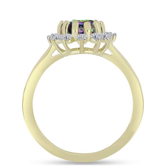 Anillo de Plata Bañada en Oro con Cuarzo Hematita verde místico y Topacio Blanco