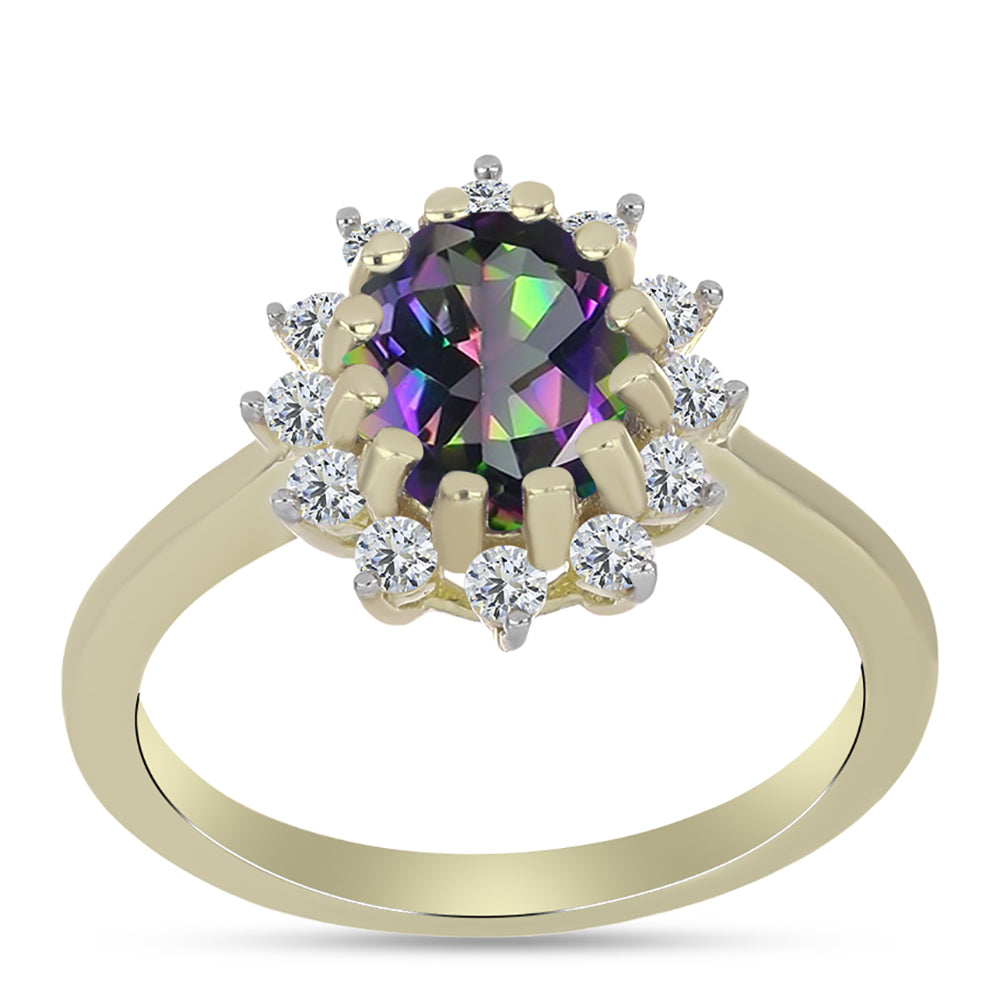 Anillo de Plata Bañada en Oro con Cuarzo Hematita verde místico y Topacio Blanco