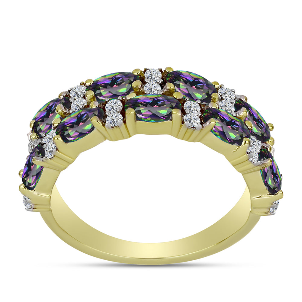 Anillo de Plata Bañada en Oro con Cuarzo Hematita verde místico y Topacio Blanco 3 