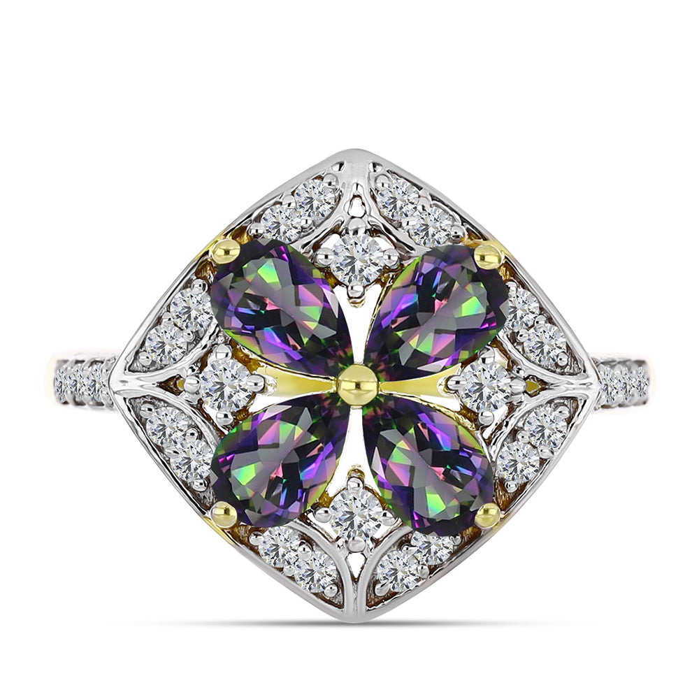 Anillo de Plata Bañada en Oro con Cuarzo Hematita verde místico y Topacio Blanco