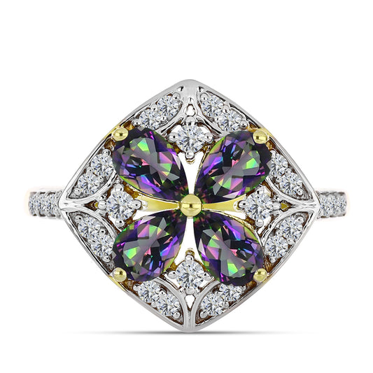 Anillo de Plata Bañada en Oro con Cuarzo Hematita verde místico y Topacio Blanco