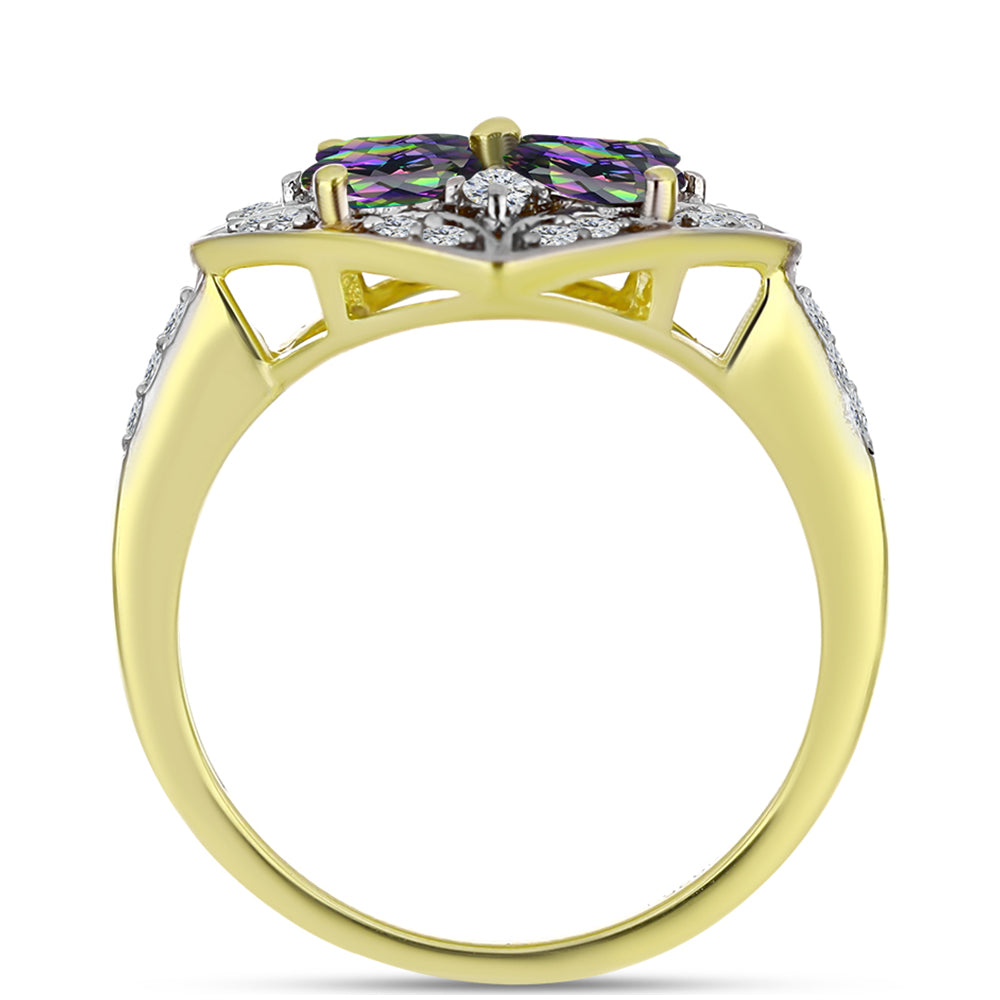 Anillo de Plata Bañada en Oro con Cuarzo Hematita verde místico y Topacio Blanco