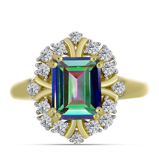 Anillo de Plata Bañada en Oro con Cuarzo Hematita verde místico y Topacio Blanco