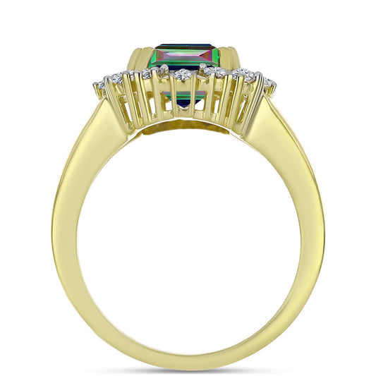 Anillo de Plata Bañada en Oro con Cuarzo Hematita verde místico y Topacio Blanco