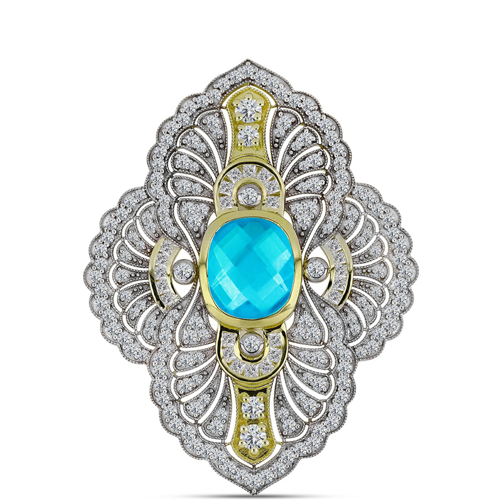 Broche de Plata Bañada en Oro con Jade Azul y Topacio Blanco