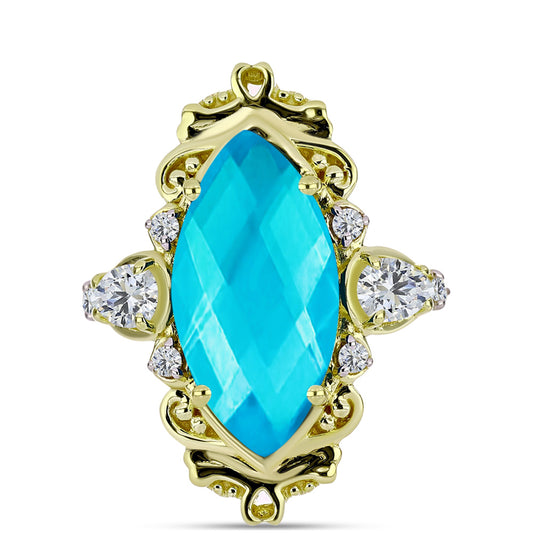 Anillo de Plata Bañada en Oro con Jade Azul y Topacio Blanco