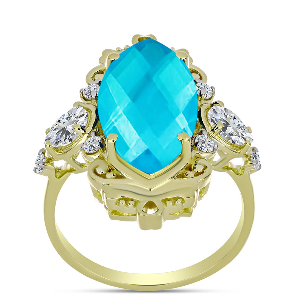 Anillo de Plata Bañada en Oro con Jade Azul y Topacio Blanco 3 