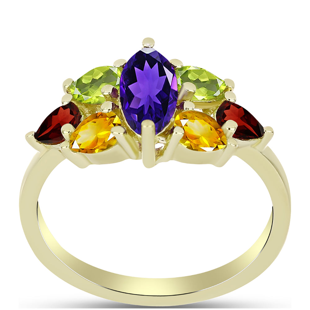 Anillo de Plata Bañada en Oro con Amatista de Marruecos y Citrino de los Montes Urales