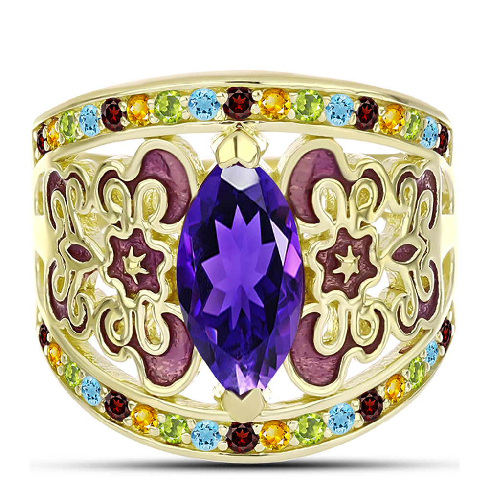 Anillo de Plata Bañada en Oro con Amatista de Marruecos y Citrino de los Montes Urales