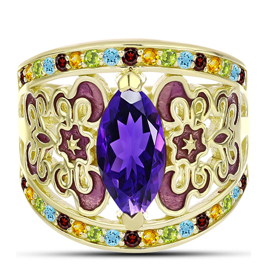 Anillo de Plata Bañada en Oro con Amatista de Marruecos y Citrino de los Montes Urales