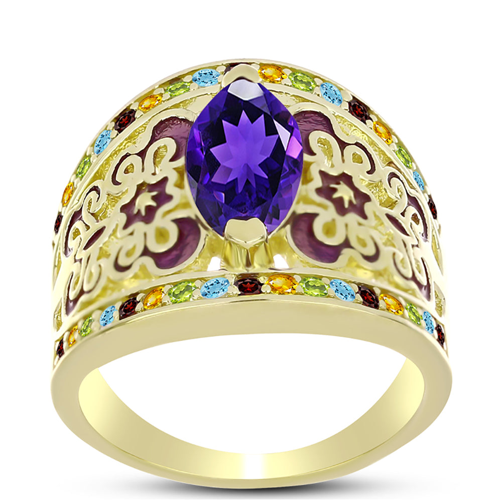 Anillo de Plata Bañada en Oro con Amatista de Marruecos y Citrino de los Montes Urales