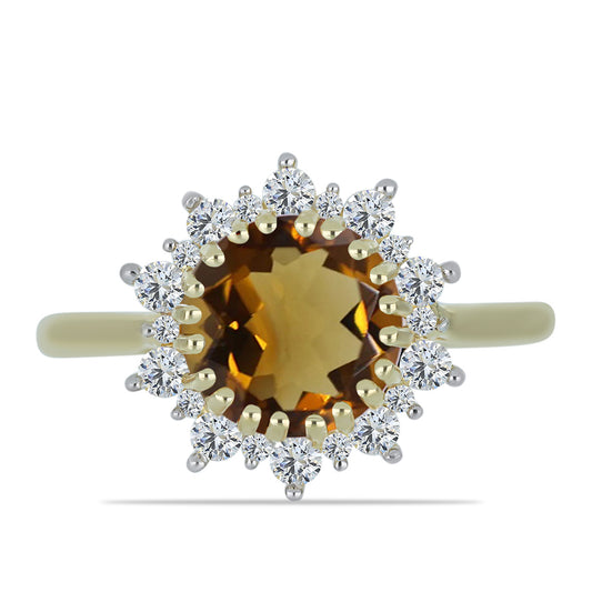 Anillo de Plata Bañada en Oro con Cuarzo Coñac y Topacio Blanco