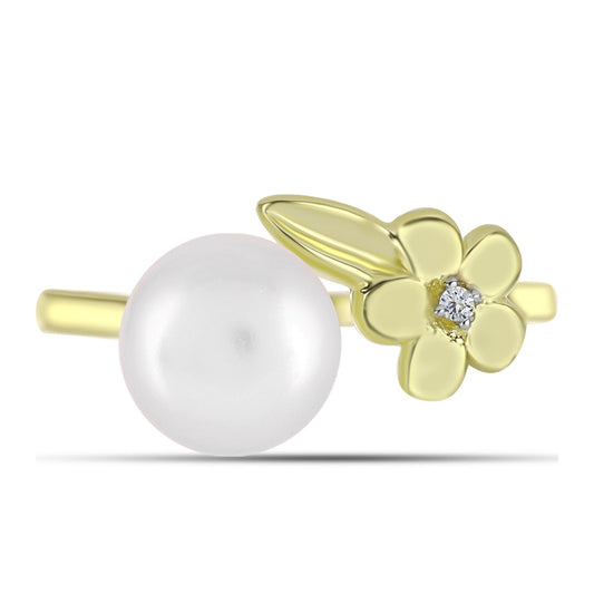 Anillo de Plata Bañada en Oro con Perla de Agua Dulce y Topacio Blanco