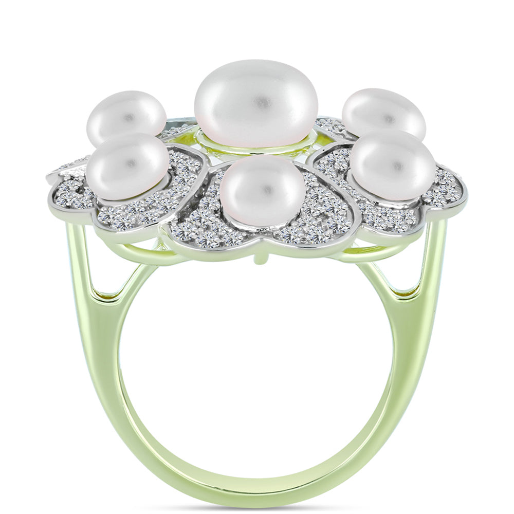 Anillo de Plata Bañada en Oro con Perla de Agua Dulce y Topacio Blanco 2 