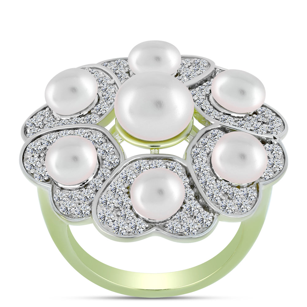 Anillo de Plata Bañada en Oro con Perla de Agua Dulce y Topacio Blanco