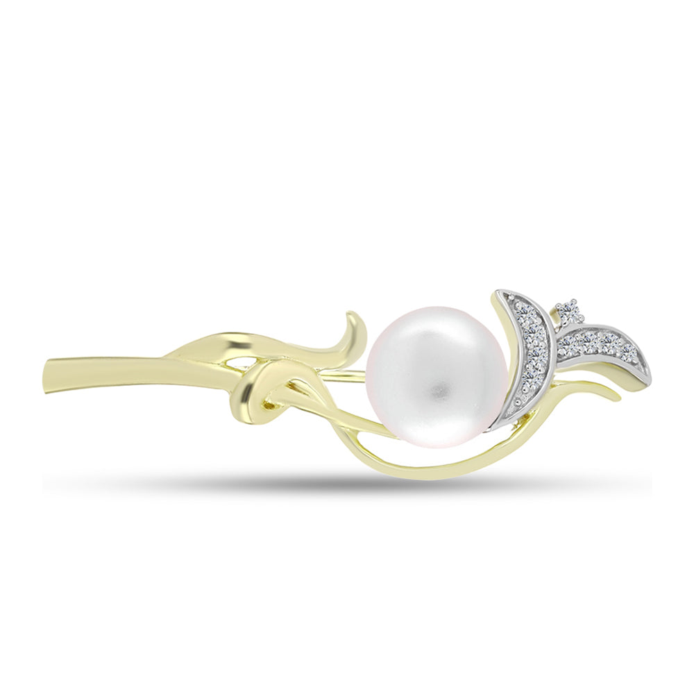 Broche de Plata Bañada en Oro con Perla de Agua Dulce y Topacio Blanco 1 