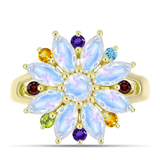 Anillo de Plata Bañada en Oro con Piedra Lunar Arco Iris y Citrino de los Montes Urales