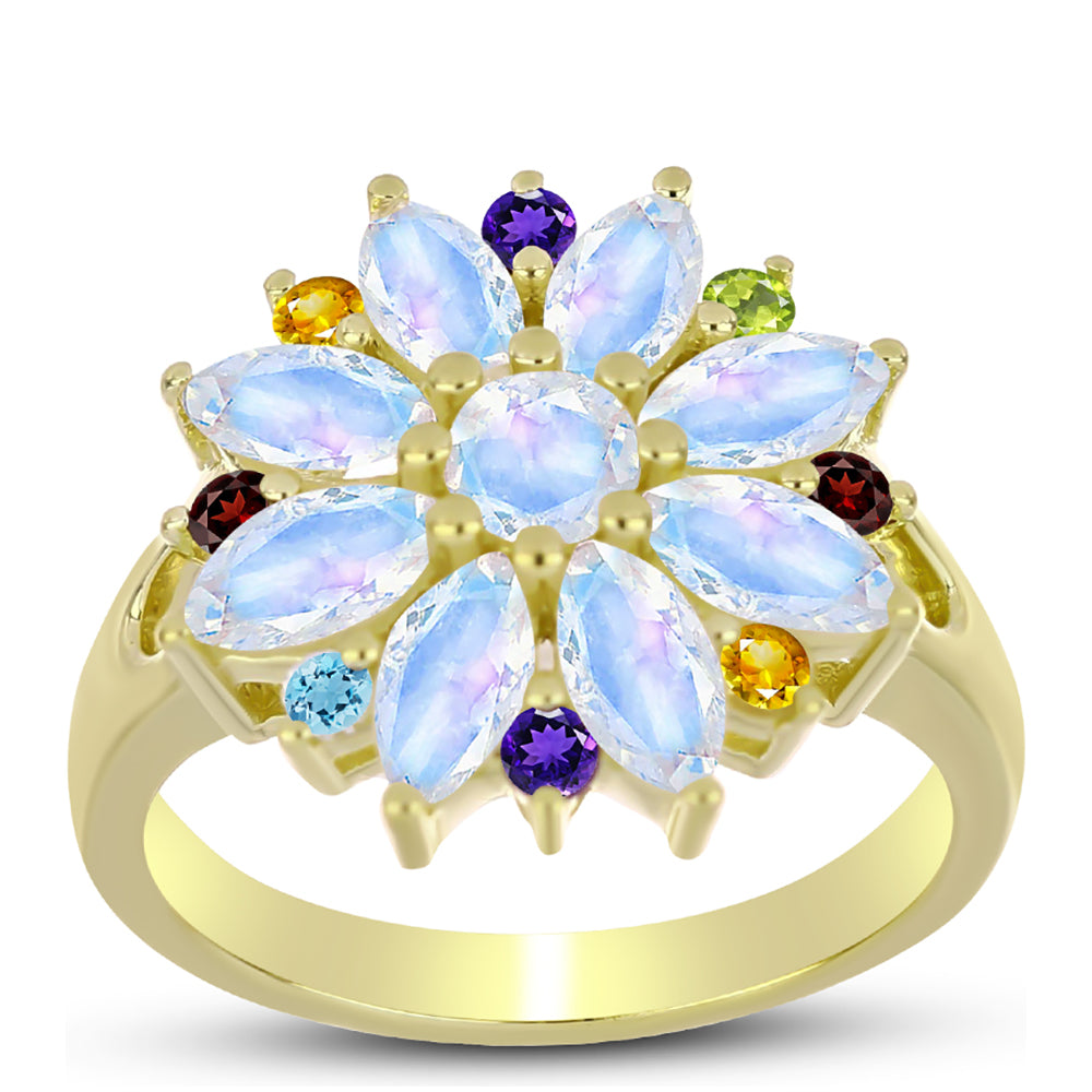 Anillo de Plata Bañada en Oro con Piedra Lunar Arco Iris y Citrino de los Montes Urales 3 