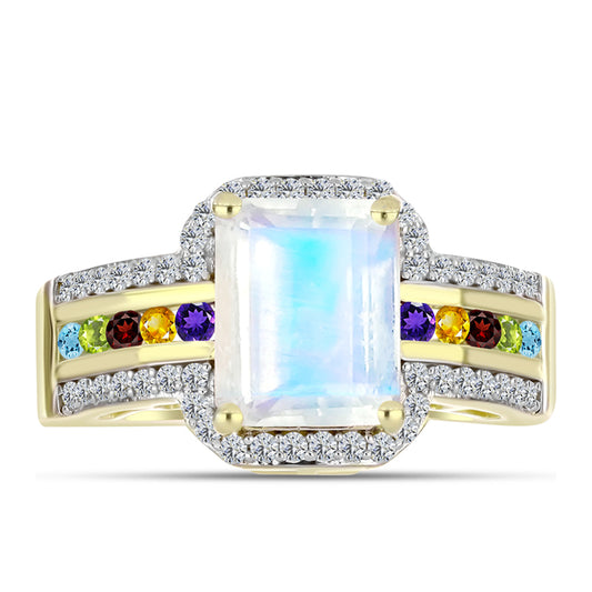 Anillo de Plata Bañada en Oro con Piedra Lunar Arco Iris y Amatista de Marruecos