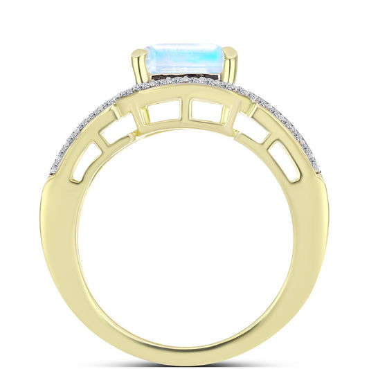 Anillo de Plata Bañada en Oro con Piedra Lunar Arco Iris y Amatista de Marruecos