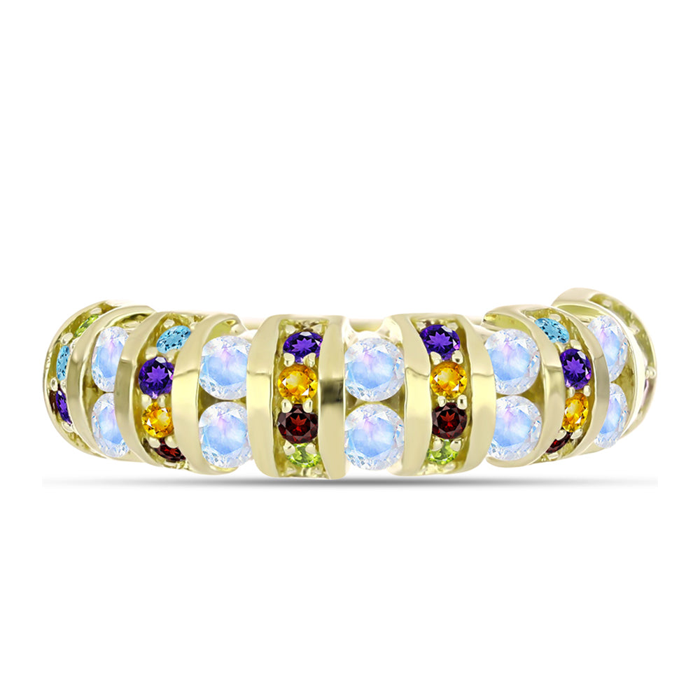 Anillo de Plata Bañada en Oro con Piedra Lunar Arco Iris y Amatista de Marruecos