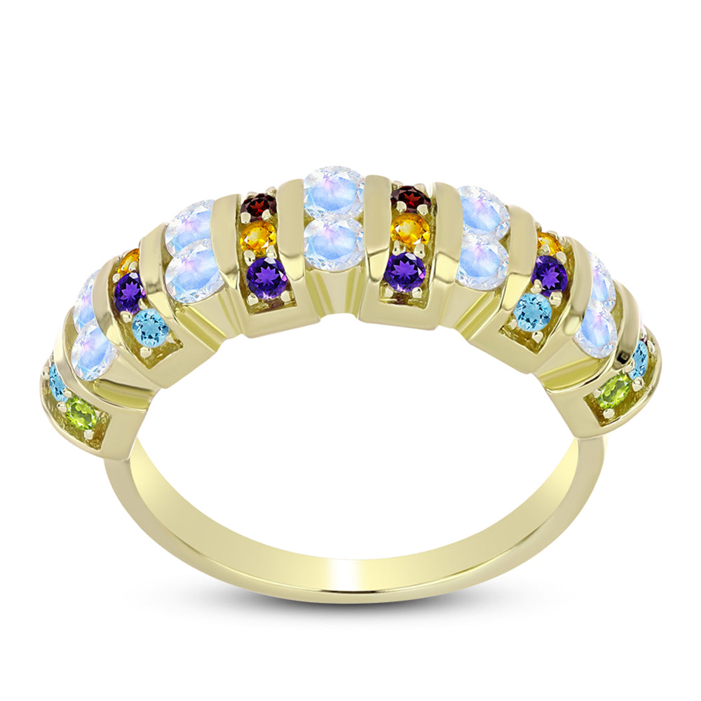 Anillo de Plata Bañada en Oro con Piedra Lunar Arco Iris y Amatista de Marruecos
