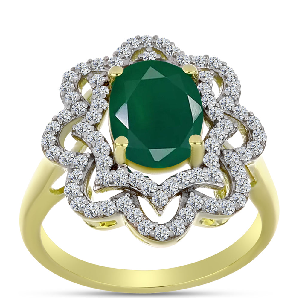 Anillo de Plata Bañada en Oro con Ágata Verde y Topacio Blanco