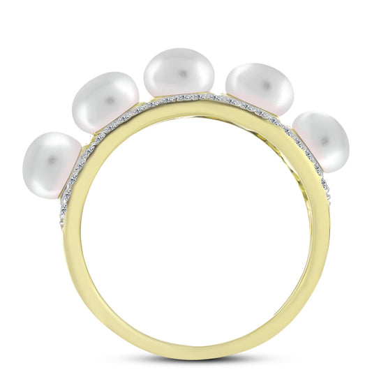 Anillo de Plata Bañada en Oro con Perla de Agua Dulce y Topacio Blanco