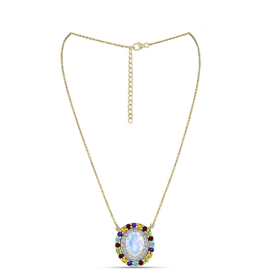Collar de Plata Bañada en Oro con Piedra Lunar Arco Iris y Amatista de Marruecos