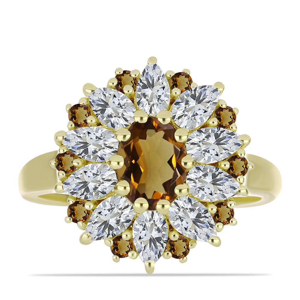 Anillo de Plata Bañada en Oro con Cuarzo Coñac y Topacio Blanco 1 
