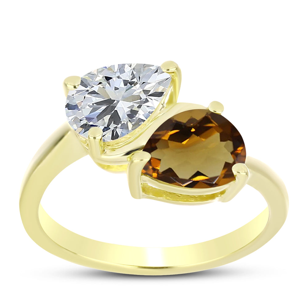 Anillo de Plata Bañada en Oro con Cuarzo Coñac y Topacio Blanco 3 