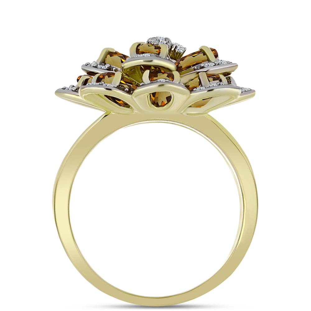 Anillo de Plata Bañada en Oro con Cuarzo Coñac y Topacio Blanco 2 