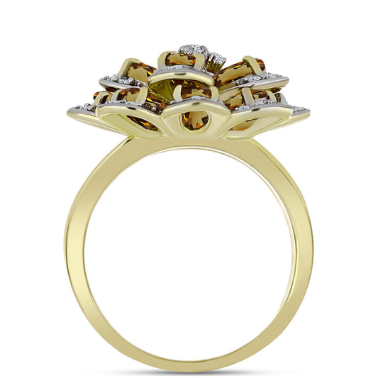 Anillo de Plata Bañada en Oro con Cuarzo Coñac y Topacio Blanco